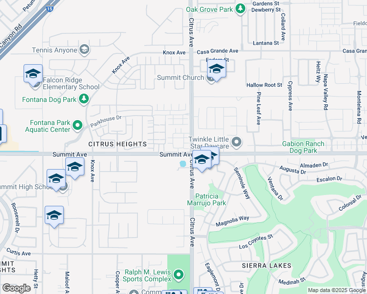 map of restaurants, bars, coffee shops, grocery stores, and more near 16052 Montenegro Lane in Fontana