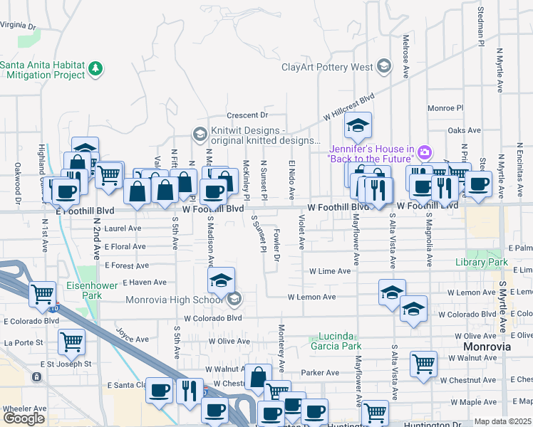 map of restaurants, bars, coffee shops, grocery stores, and more near 758 West Foothill Boulevard in Monrovia