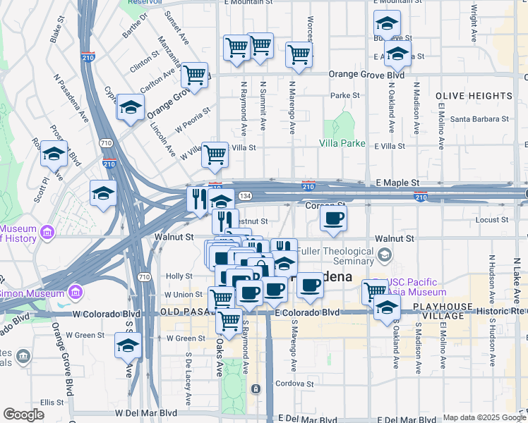map of restaurants, bars, coffee shops, grocery stores, and more near Summit Avenue in Pasadena