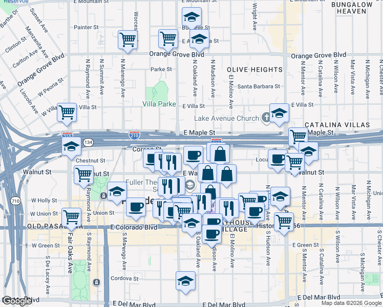 map of restaurants, bars, coffee shops, grocery stores, and more near 285 North Oakland Avenue in Pasadena
