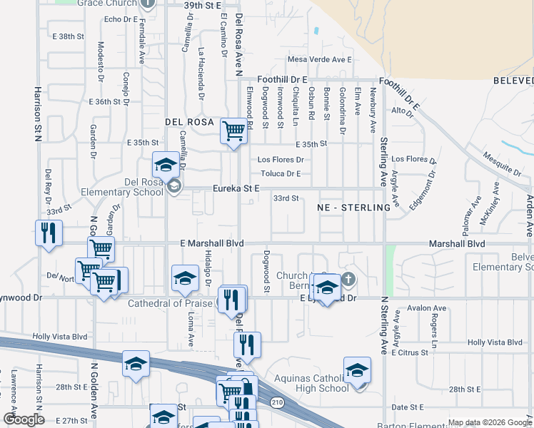 map of restaurants, bars, coffee shops, grocery stores, and more near 5670 Dogwood Street in San Bernardino