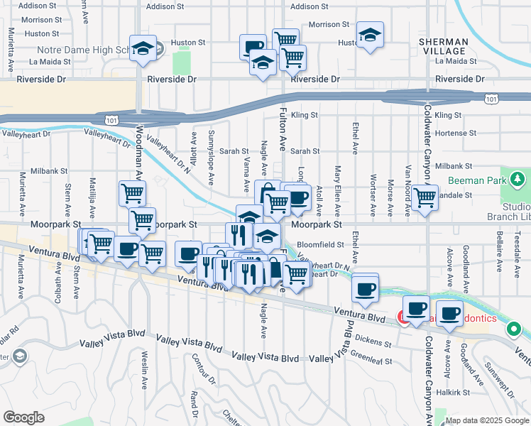 map of restaurants, bars, coffee shops, grocery stores, and more near 13331 Moorpark Street in Los Angeles