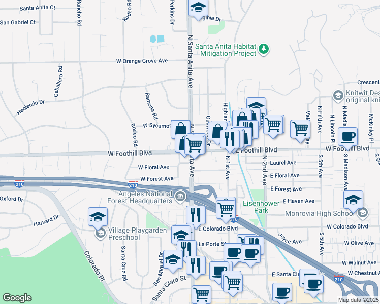 map of restaurants, bars, coffee shops, grocery stores, and more near 2 West Foothill Boulevard in Arcadia