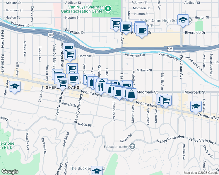 map of restaurants, bars, coffee shops, grocery stores, and more near 14153 Moorpark Street in Los Angeles