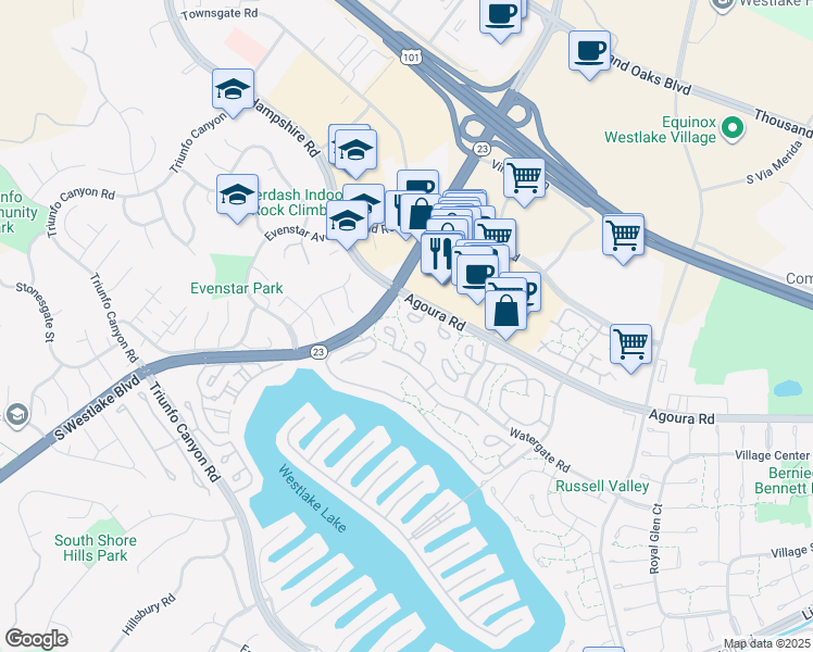 map of restaurants, bars, coffee shops, grocery stores, and more near 2658 Hartland Circle in Westlake Village