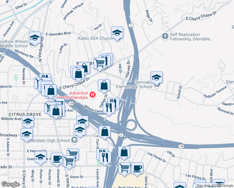 map of restaurants, bars, coffee shops, grocery stores, and more near 329 Harvey Drive in Glendale