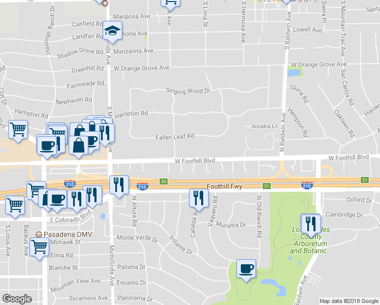 map of restaurants, bars, coffee shops, grocery stores, and more near 935 West Foothill Boulevard in Arcadia