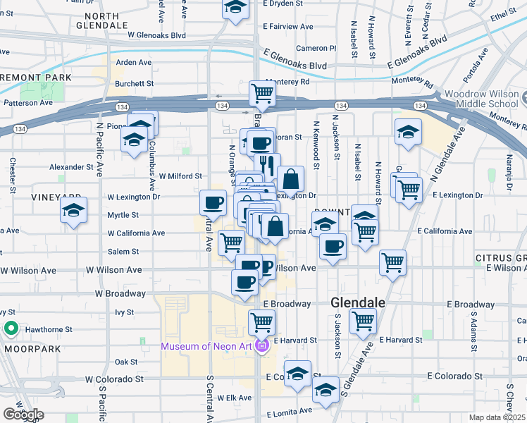 map of restaurants, bars, coffee shops, grocery stores, and more near 319 North Maryland Avenue in Glendale