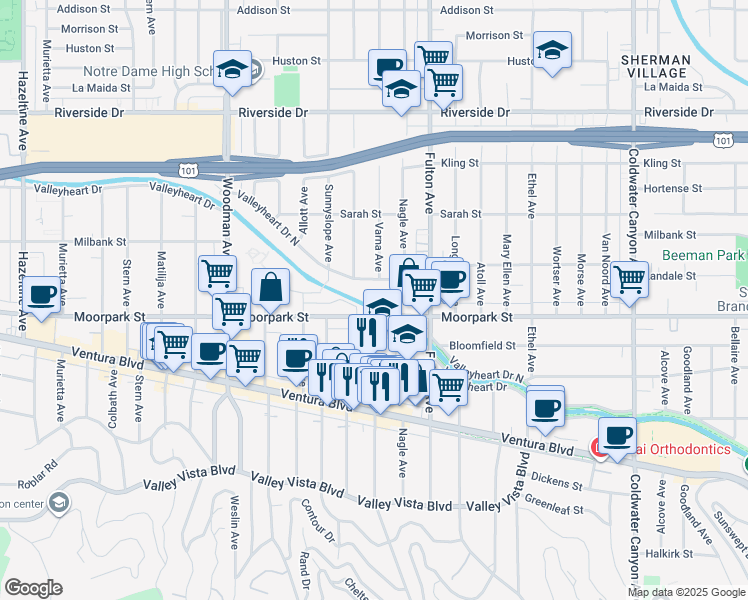 map of restaurants, bars, coffee shops, grocery stores, and more near 13331 Moorpark Street in Los Angeles