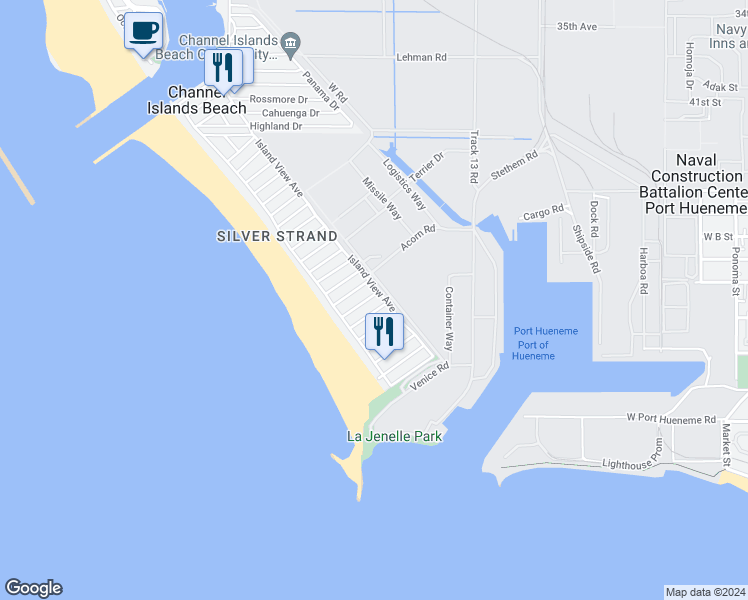 map of restaurants, bars, coffee shops, grocery stores, and more near 144 Eagle Rock Avenue in Oxnard