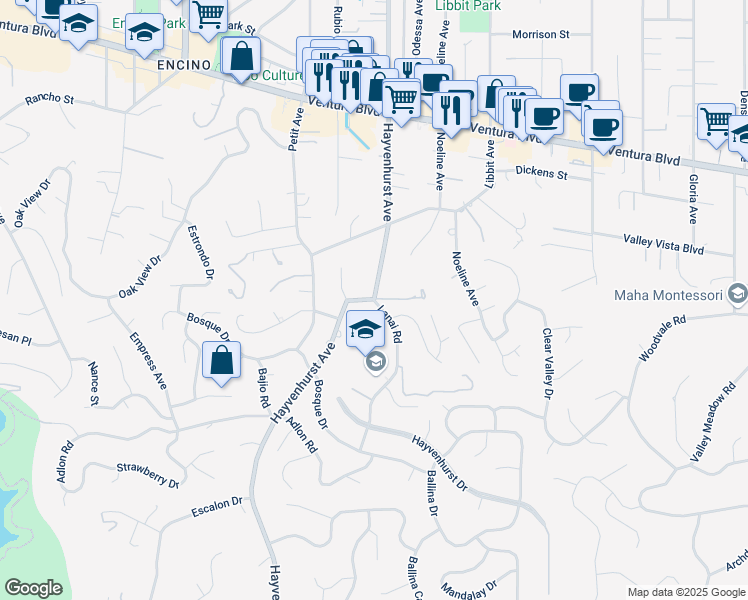 map of restaurants, bars, coffee shops, grocery stores, and more near Hayvenhurst Avenue & Lanai Road in Los Angeles