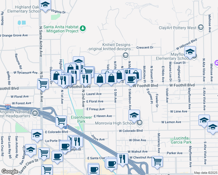 map of restaurants, bars, coffee shops, grocery stores, and more near 335 Laurel Avenue in Arcadia