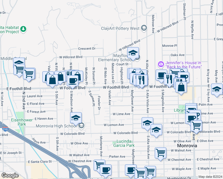 map of restaurants, bars, coffee shops, grocery stores, and more near 120 Violet Avenue in Monrovia