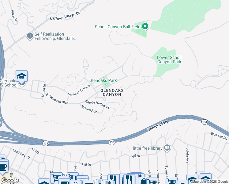 map of restaurants, bars, coffee shops, grocery stores, and more near Wyndale Place in Glendale