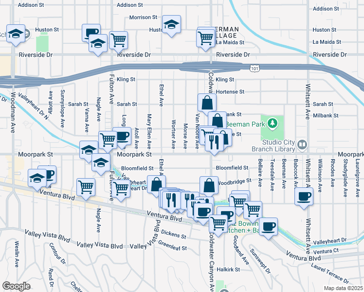 map of restaurants, bars, coffee shops, grocery stores, and more near 12961 Moorpark Street in Los Angeles