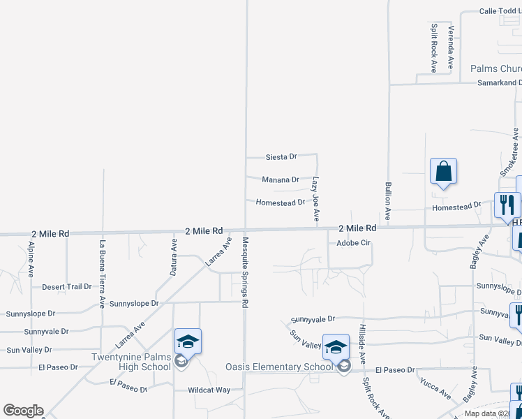 map of restaurants, bars, coffee shops, grocery stores, and more near 72939 Homestead Drive in Twentynine Palms