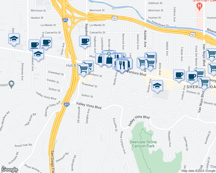 map of restaurants, bars, coffee shops, grocery stores, and more near 15102 Greenleaf Street in Los Angeles