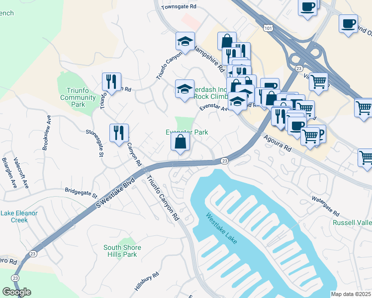 map of restaurants, bars, coffee shops, grocery stores, and more near 1062 Bradbury Court in Westlake Village