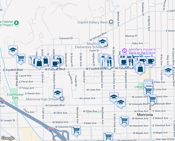 map of restaurants, bars, coffee shops, grocery stores, and more near 120 Violet Avenue in Monrovia