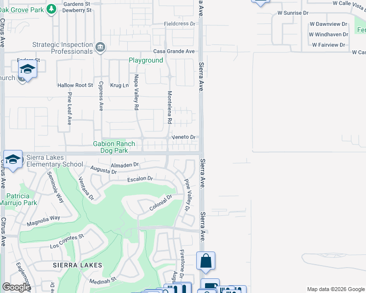 map of restaurants, bars, coffee shops, grocery stores, and more near 16729 Wyndham Lane in Fontana