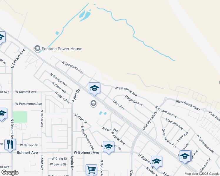map of restaurants, bars, coffee shops, grocery stores, and more near 19120 Knollwood Avenue in Rialto