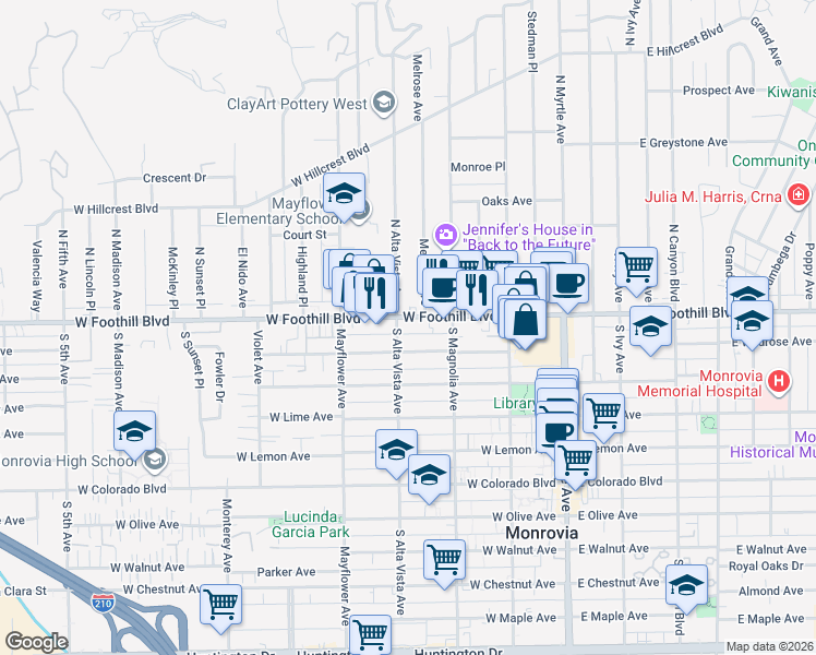 map of restaurants, bars, coffee shops, grocery stores, and more near 340 West Foothill Boulevard in Monrovia