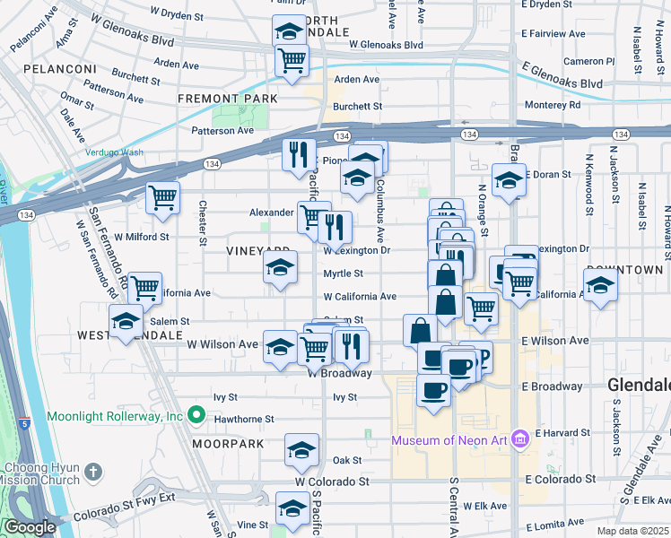 map of restaurants, bars, coffee shops, grocery stores, and more near 440 Myrtle Street in Glendale