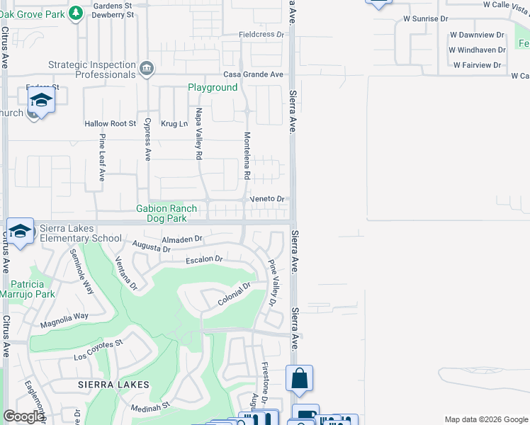 map of restaurants, bars, coffee shops, grocery stores, and more near 16729 Wyndham Lane in Fontana