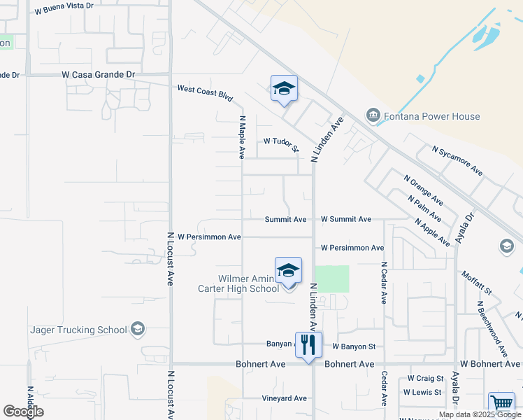 map of restaurants, bars, coffee shops, grocery stores, and more near 1620 Summit Avenue in Rialto