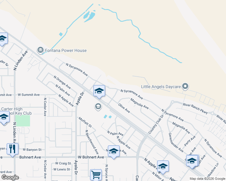 map of restaurants, bars, coffee shops, grocery stores, and more near 19120 Knollwood Avenue in Rialto