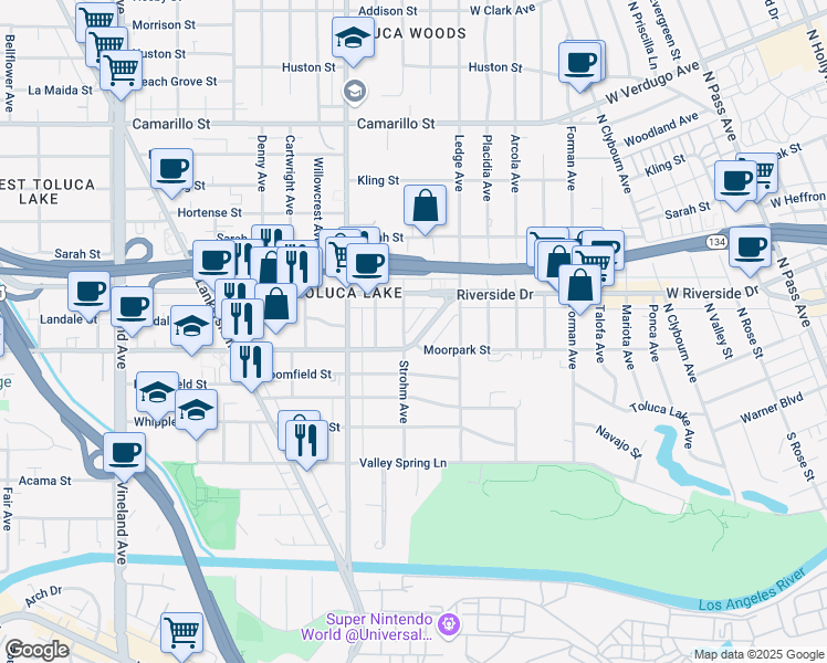 map of restaurants, bars, coffee shops, grocery stores, and more near 4401 Moorpark Way in Los Angeles