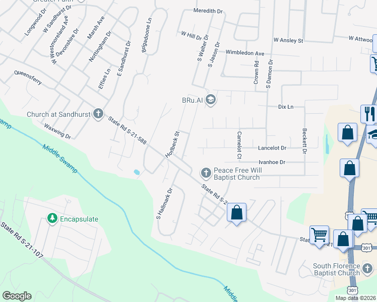 map of restaurants, bars, coffee shops, grocery stores, and more near 925 Charlestowne Boulevard in Florence