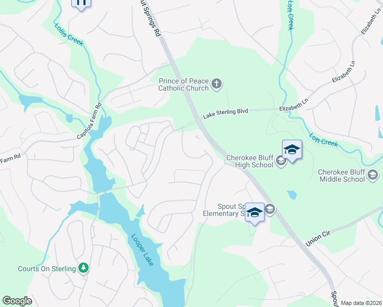 map of restaurants, bars, coffee shops, grocery stores, and more near 6749 Blue Heron Way in Flowery Branch