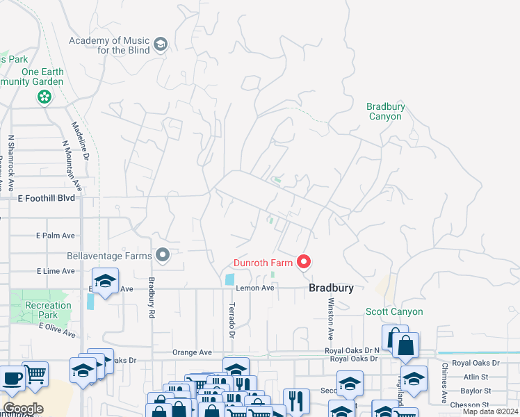 map of restaurants, bars, coffee shops, grocery stores, and more near Old Ranch Road & Circle Drive in Duarte