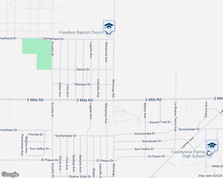 map of restaurants, bars, coffee shops, grocery stores, and more near 5626 Morongo Road in Twentynine Palms