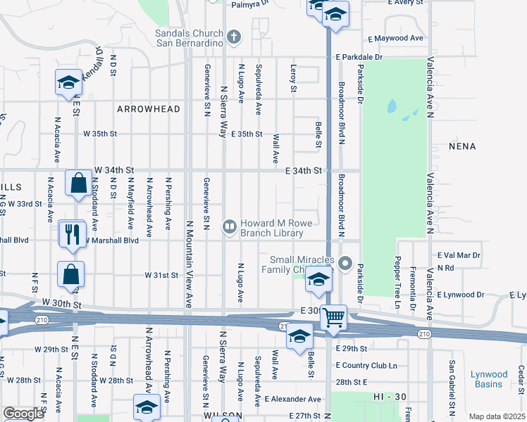 map of restaurants, bars, coffee shops, grocery stores, and more near 3279 Sepulveda Avenue in San Bernardino
