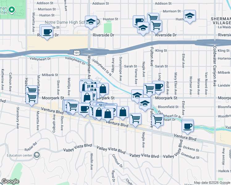 map of restaurants, bars, coffee shops, grocery stores, and more near 4411 Allott Avenue in Los Angeles