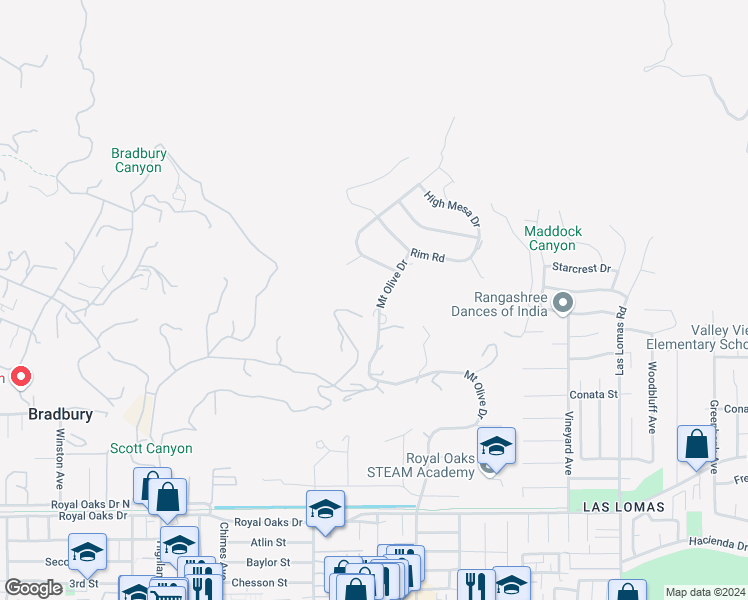 map of restaurants, bars, coffee shops, grocery stores, and more near 175 Mount Olive Drive in Bradbury