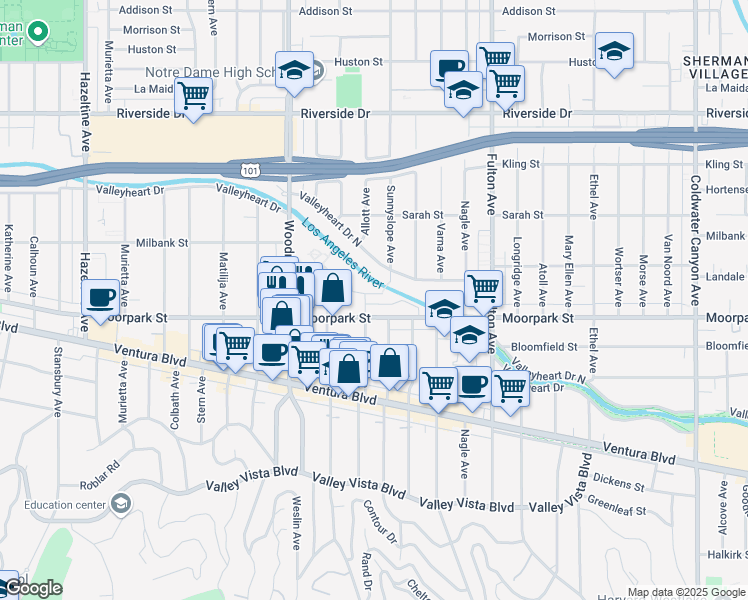 map of restaurants, bars, coffee shops, grocery stores, and more near 13520 Rye Street in Los Angeles