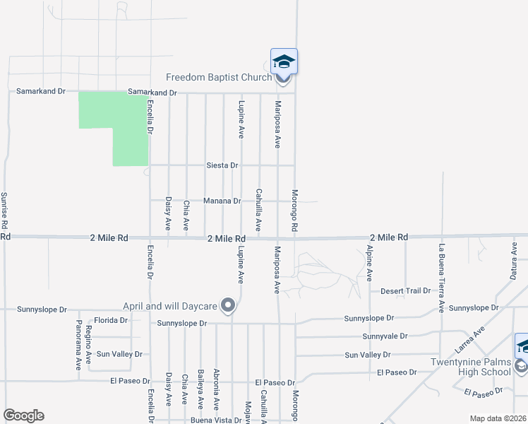 map of restaurants, bars, coffee shops, grocery stores, and more near 5629 Cahuilla Avenue in Twentynine Palms