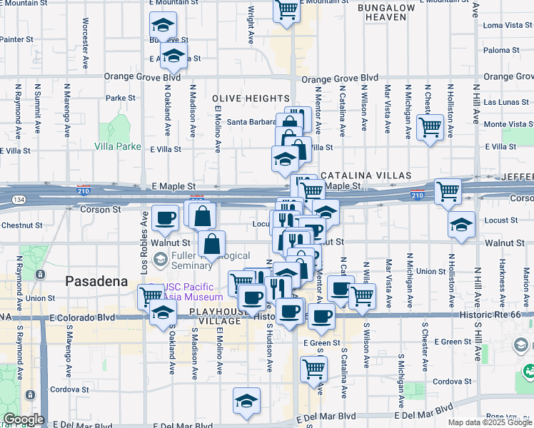 map of restaurants, bars, coffee shops, grocery stores, and more near in Pasadena