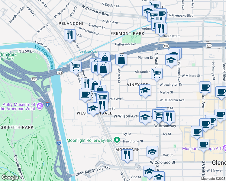 map of restaurants, bars, coffee shops, grocery stores, and more near 330 Concord Street in Glendale