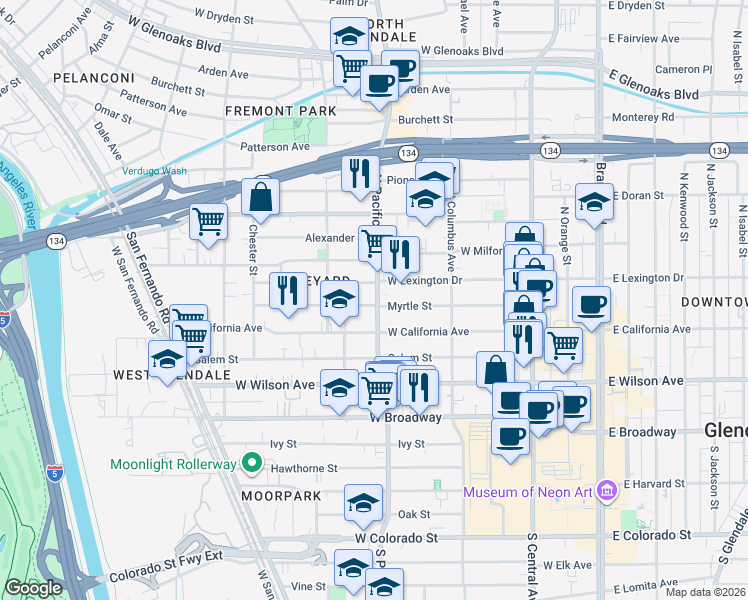 map of restaurants, bars, coffee shops, grocery stores, and more near 501 Myrtle Street in Glendale