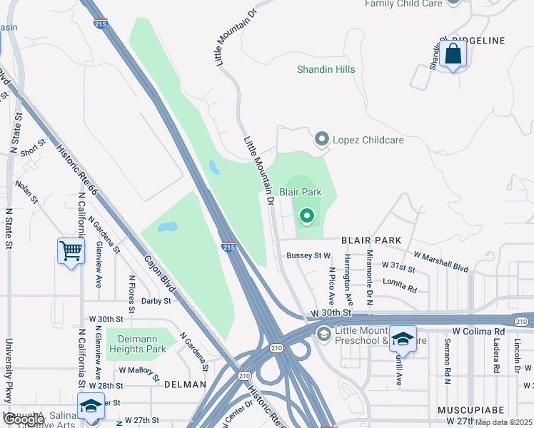 map of restaurants, bars, coffee shops, grocery stores, and more near 3238 Edgemont Court in San Bernardino