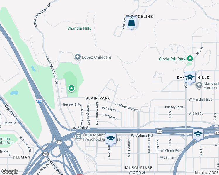 map of restaurants, bars, coffee shops, grocery stores, and more near 1261 West Edgemont Drive in San Bernardino