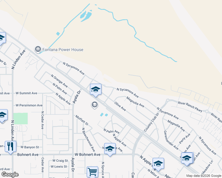 map of restaurants, bars, coffee shops, grocery stores, and more near 19120 Knollwood Avenue in Rialto