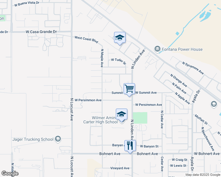 map of restaurants, bars, coffee shops, grocery stores, and more near 1620 Summit Avenue in Rialto
