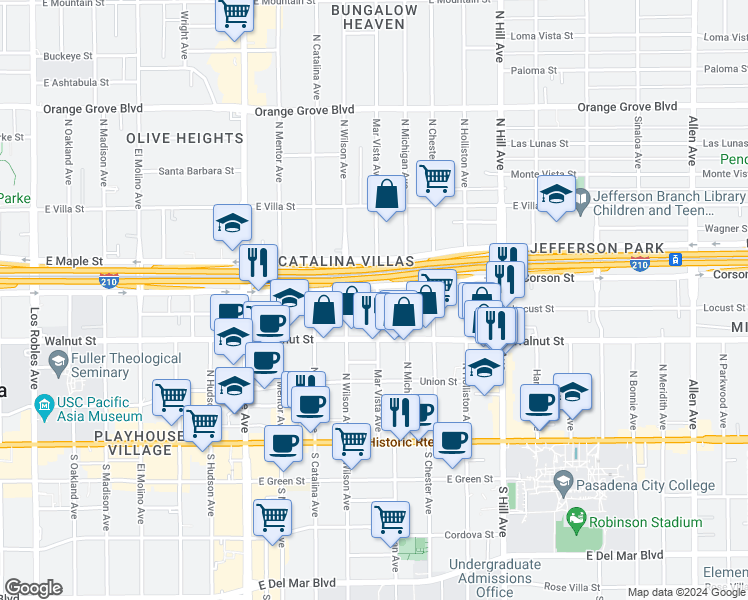 map of restaurants, bars, coffee shops, grocery stores, and more near 266 Mar Vista Avenue in Pasadena