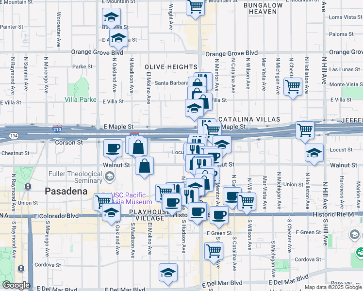 map of restaurants, bars, coffee shops, grocery stores, and more near in Pasadena