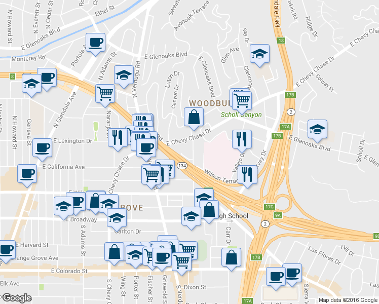 map of restaurants, bars, coffee shops, grocery stores, and more near 1477 East California Avenue in Glendale